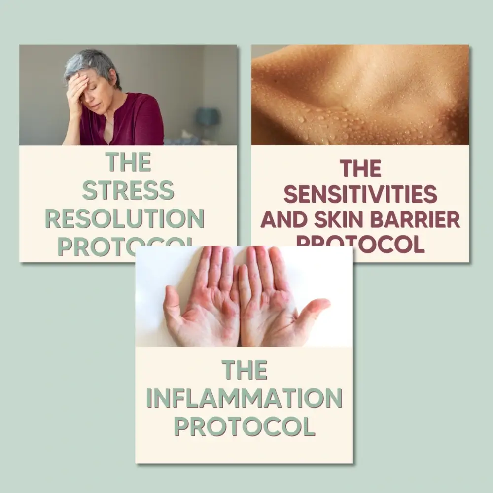 Skin Health 5 - Escape The Eczema Trap Informational collage about wellness protocols: Stress Resolution, Skin Sensitivity & Barrier, and Inflammation protocols.