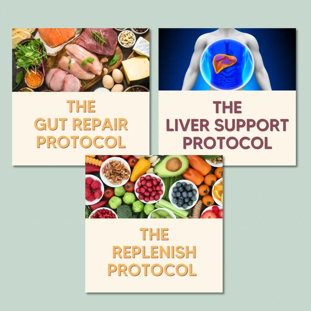 Skin Health 5 - Escape The Eczema Trap A trio of poster-style covers reading The Gut Repair Protocol, The Liver Support Protocol, and The Replenish Protocol, each with vibrant food photography above the titles.