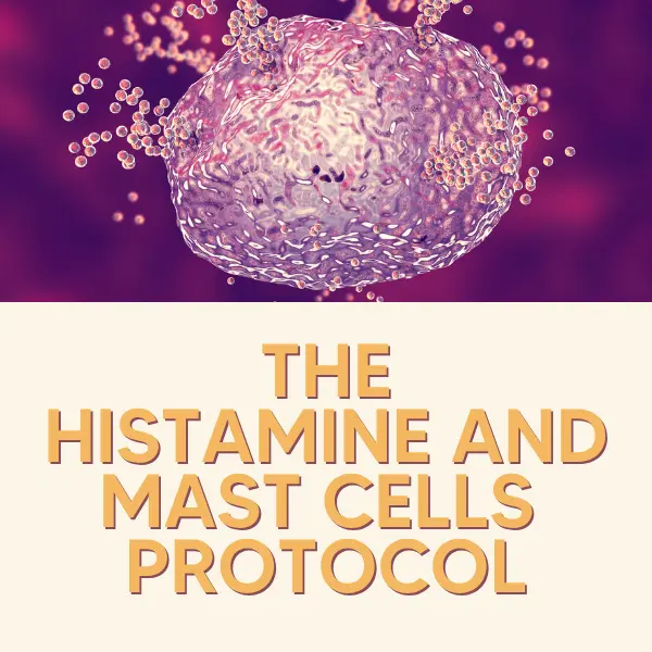 Magnified immune cell against a purple background above the bold orange title 'The Histamine and Mast Cells Protocol'.
