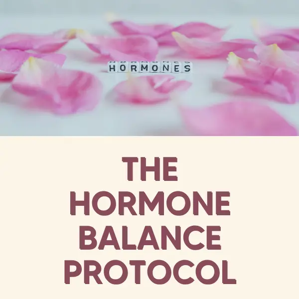 Book-cover style image with pink petals and the bold title 'The Hormone Balance Protocol' on a cream background.