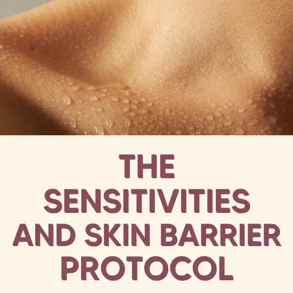 Close-up of textured skin with water droplets, above a cream panel that reads: THE SENSITIVITIES AND SKIN BARRIER PROTOCOL.