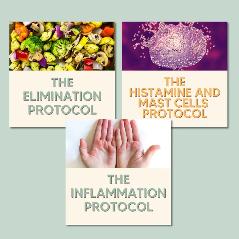 Skin Health 5 - Escape The Eczema Trap Three protocol posters: Elimination Protocol (veg collage), Histamine and Mast Cells Protocol (cell image), Inflammation Protocol (hands).