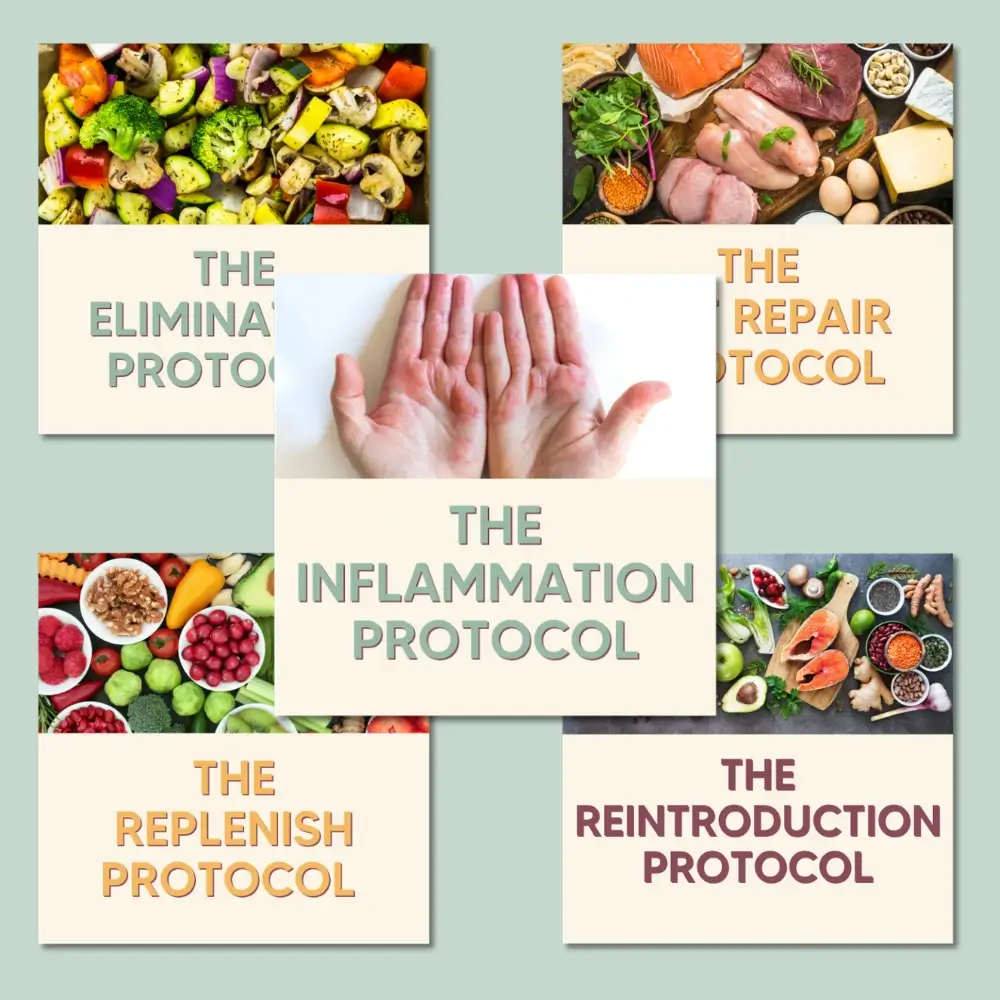 Skin Health 5 - Escape The Eczema Trap Collage of six protocol cards around a central card with hands and the text 'The Inflammation Protocol'; surrounding cards read 'The Elimination Protocol', 'The Repair Protocol', 'The Replenish Protocol', and 'The Reintroduction Protocol' with images of colorful vegetables, meats, and fruits.