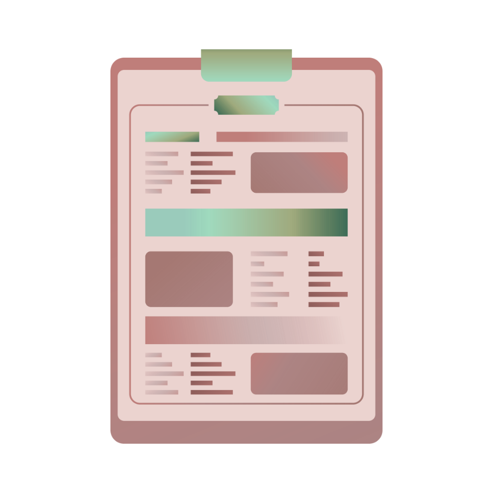 Pink clipboard holding a stylized document with colored bars, boxes, and placeholder text—represents a form or layout template.
