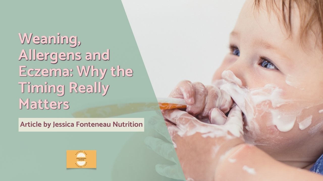 Cover image for an article about weaning, allergens, and eczema; a baby is fed with a spoon on the right side.